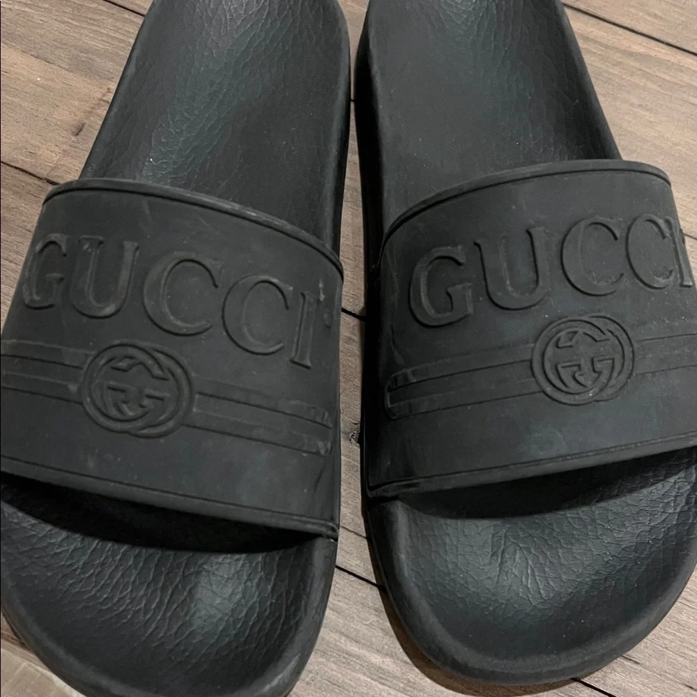 Gucci Black Embossed Slide Sandals